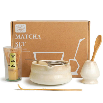 Premium Matcha Set 6-teilig – Beige Keramik & Bambus Chasen