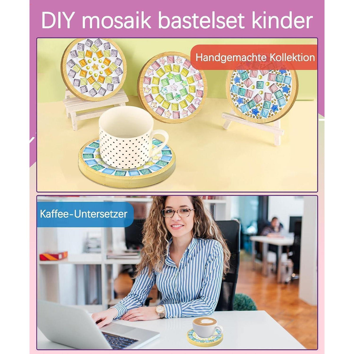 Mosaik Bastelset Kinder – 16pcs Untersetzer DIY Set