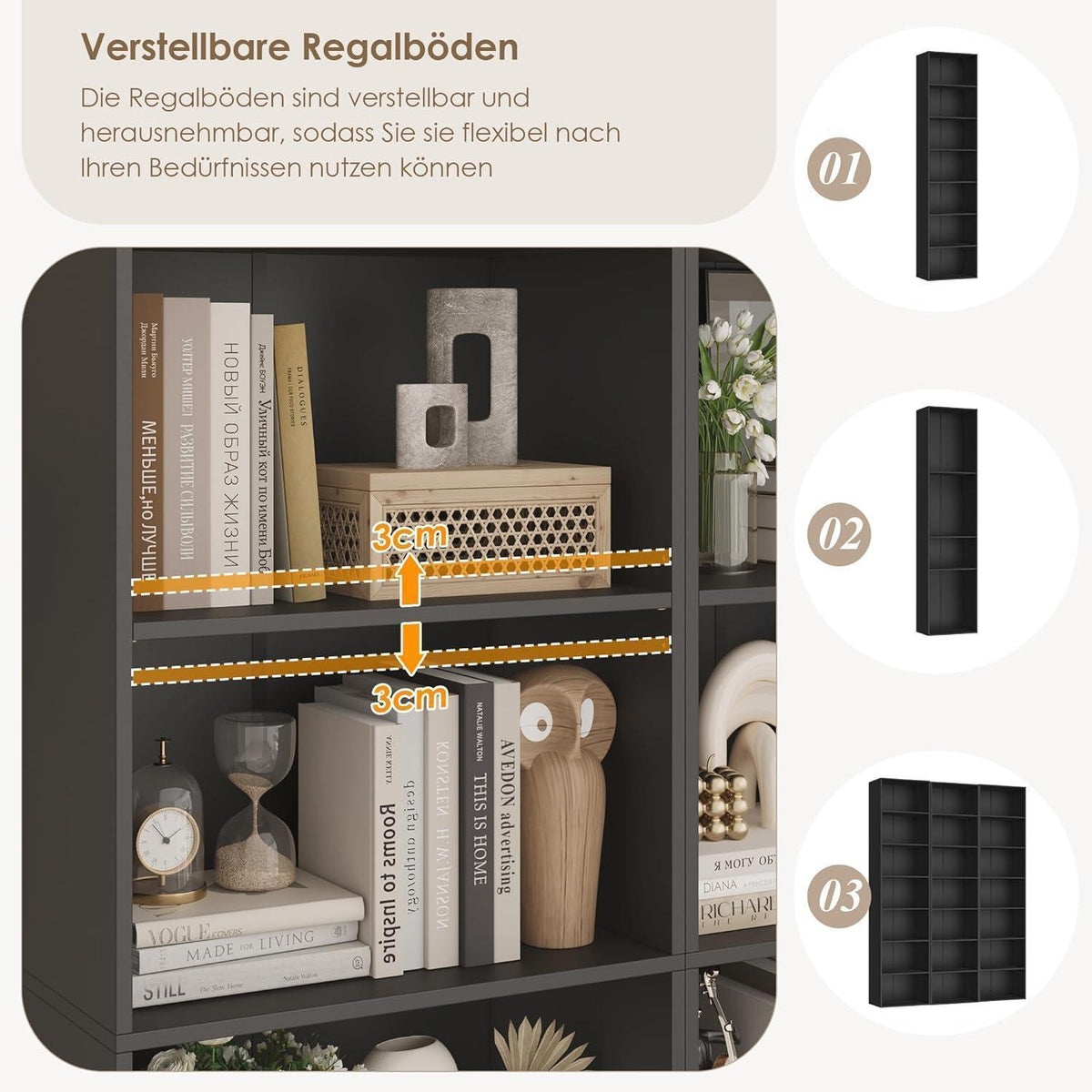 7-Fächiges Bücherregal Schwarz – Modernes Standregal 220cm