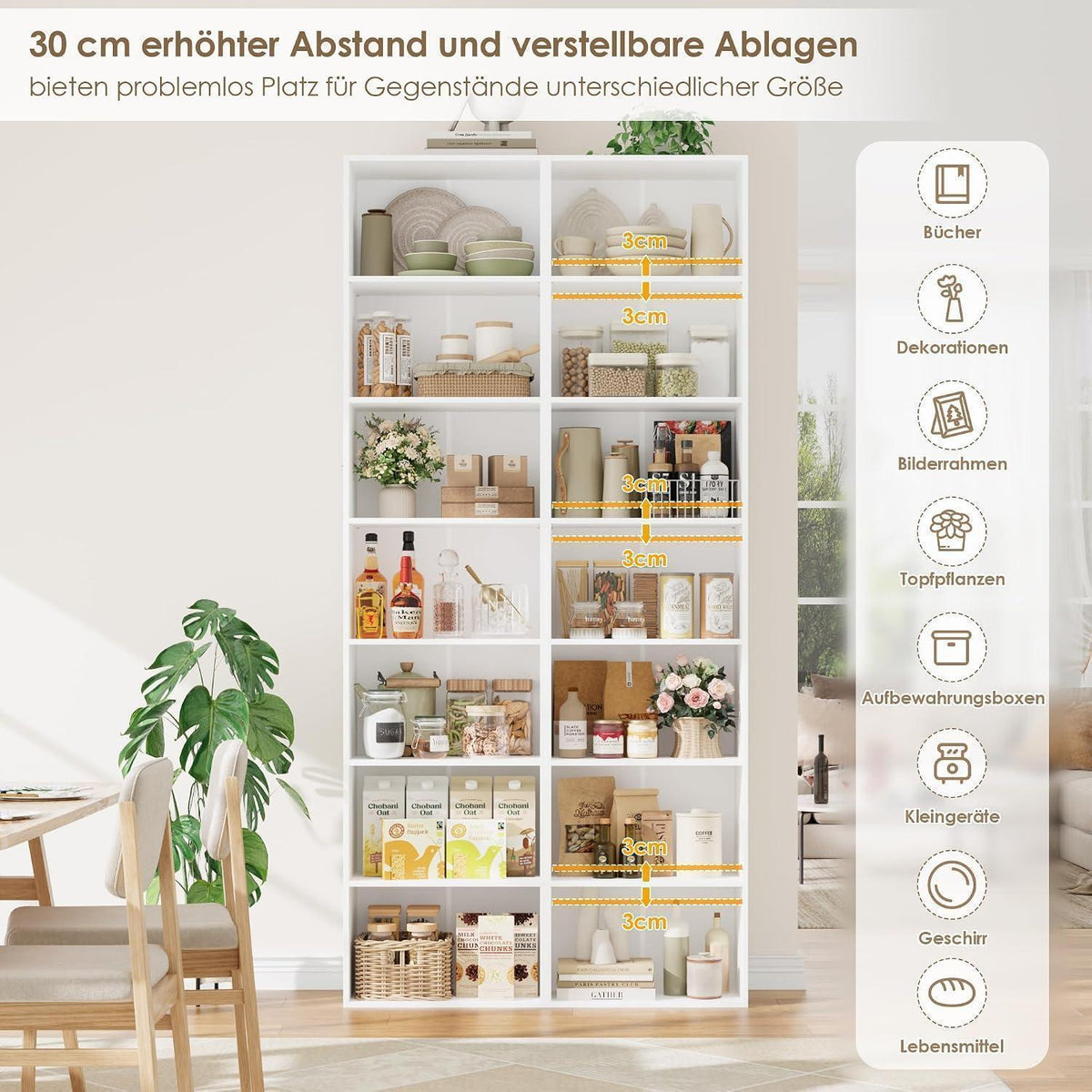 7-Fächriges Bücherregal weiß – 220 cm hoch, modernes Standregal
