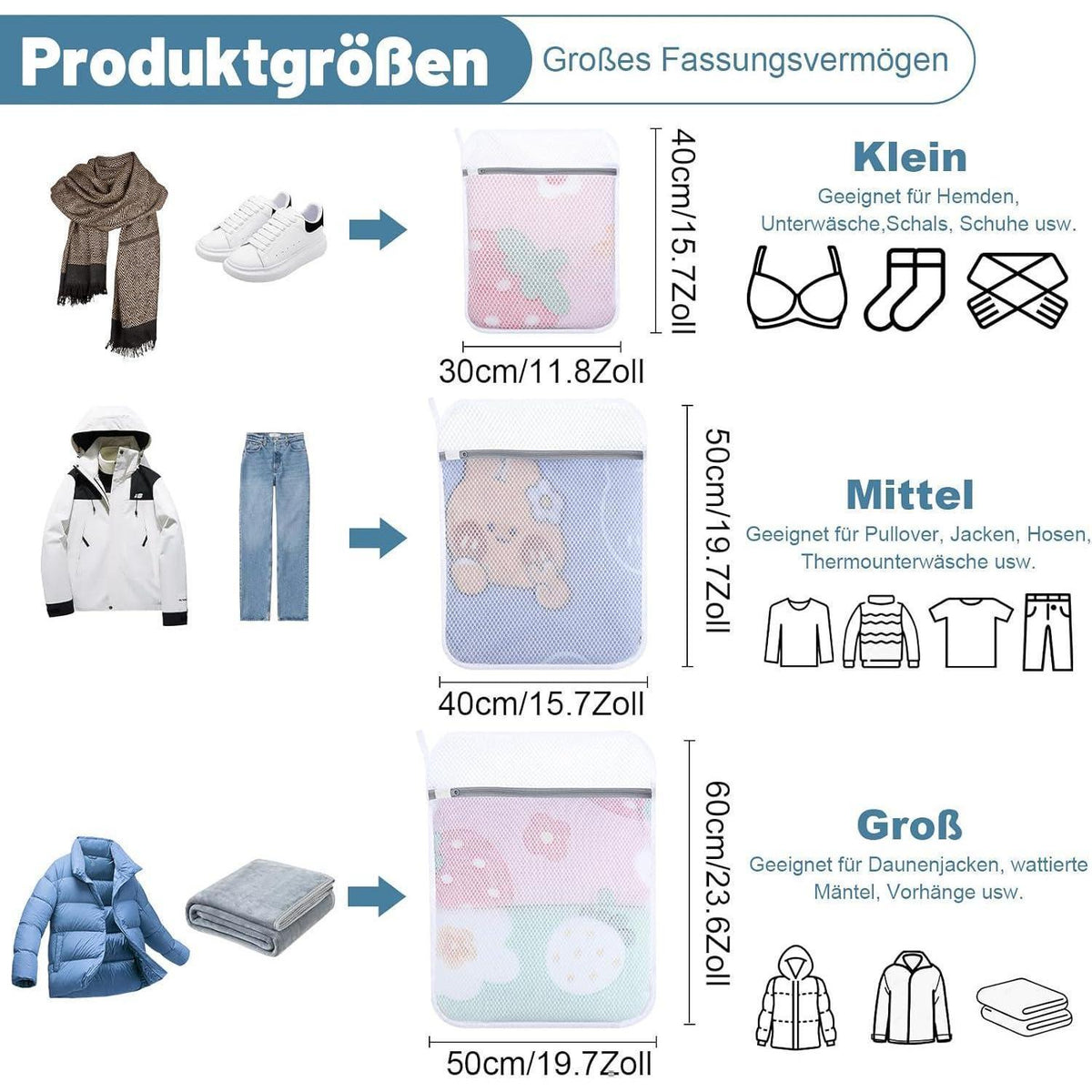 Wäschesäcke Set 3er - Wäschenetz für Waschmaschine SML