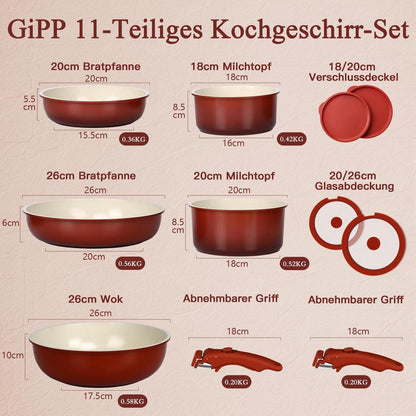 11-teiliges Topfset mit abnehmbarem Griff & Induktionsboden Rot