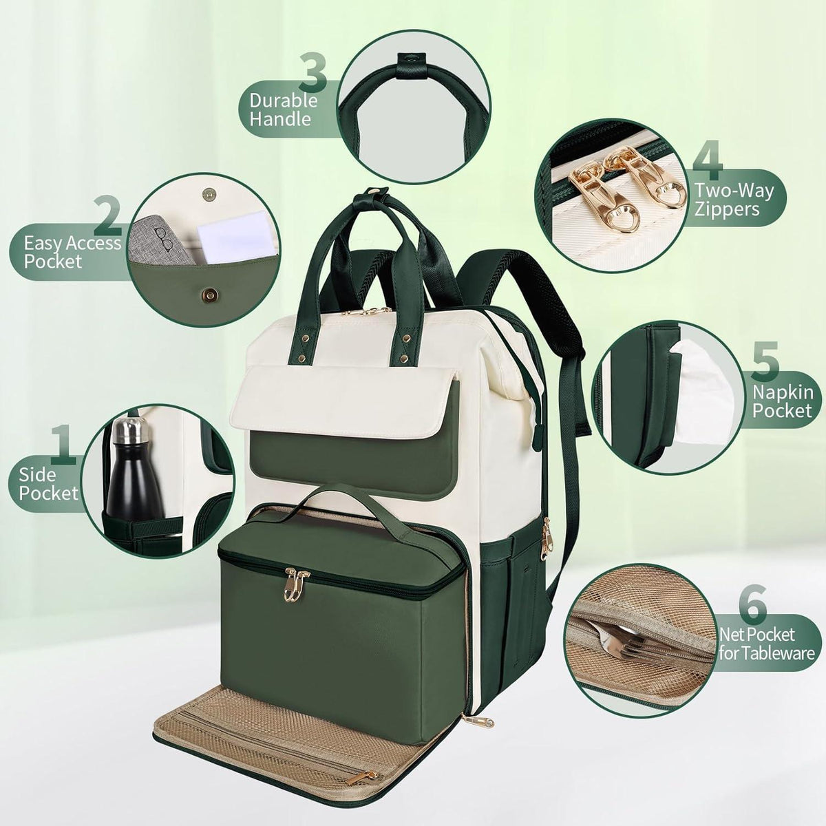 Lunch-Rucksack für Damen, Grün-Beige, mit Lunchbox & Laptopfach