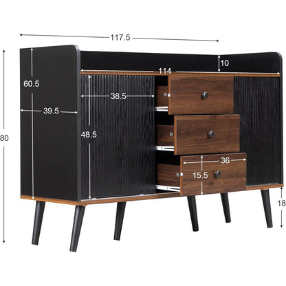 Schiebetüren Kommode Schwarz | Wohnzimmer Sideboard mit 3 Schubladen