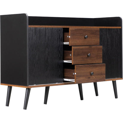 Schiebetüren Kommode Schwarz | Wohnzimmer Sideboard mit 3 Schubladen