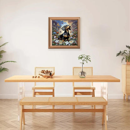 Dackel Diamond Painting 5D – Blumengarten Bild für Erwachsene