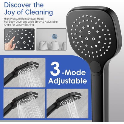 Regendusche Set Matt Schwarz, Höhenverstellbar 79-128cm