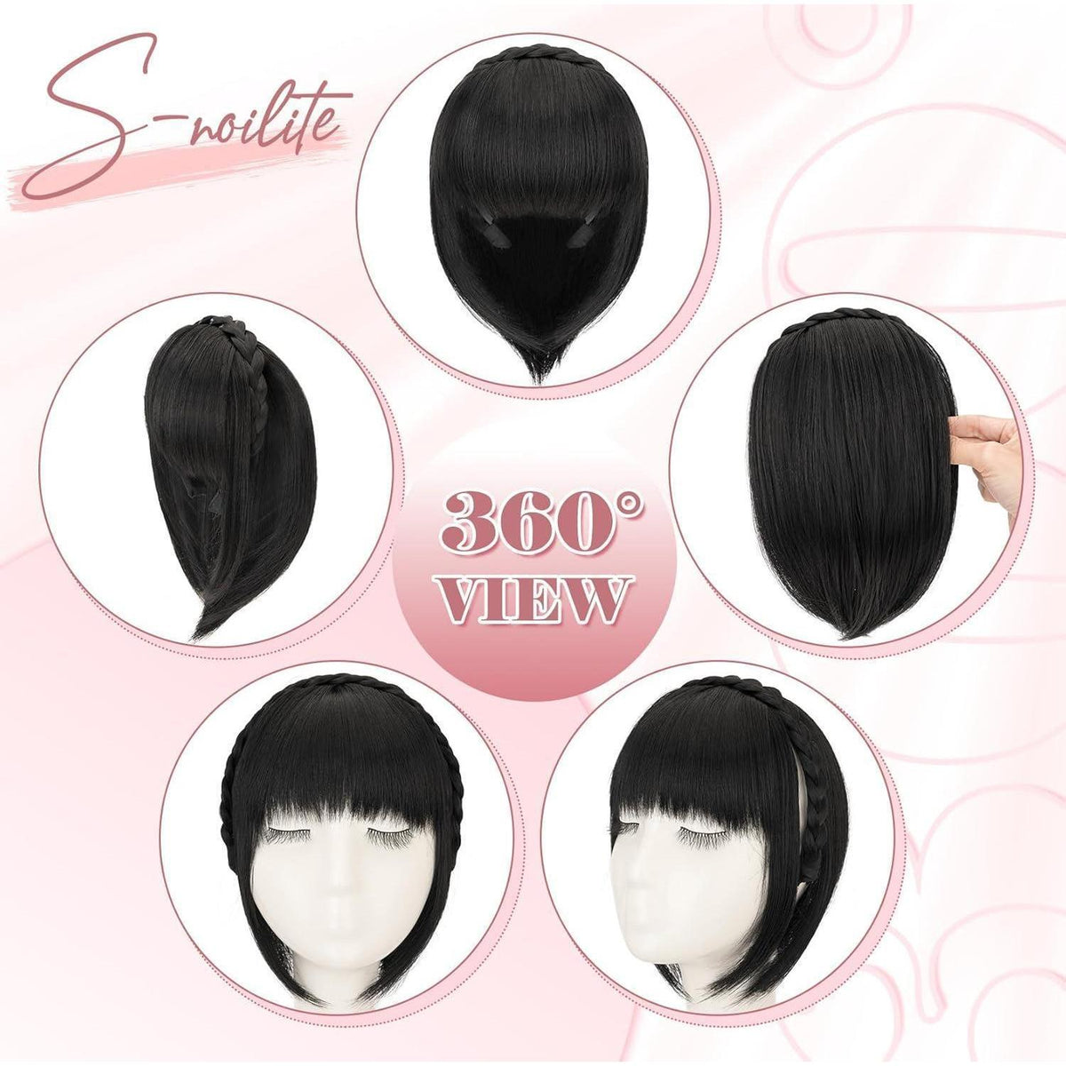 Stirnband mit Pony – Synthetischer Haaraufsatz Schwarz