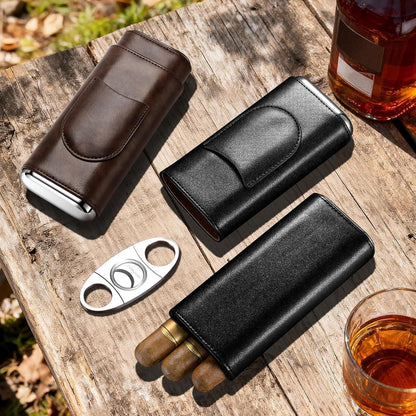 3er Leder Zigarrenetui Set mit Zedernholz & Cutter