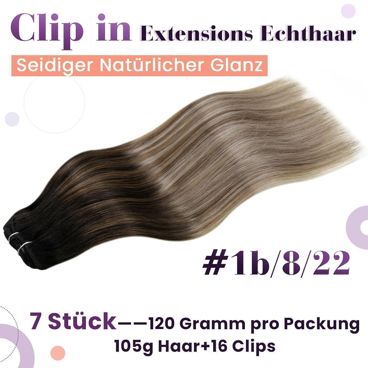 Echthaar Clip-In Haarverlängerung Schwarz Ombre Braun Blond