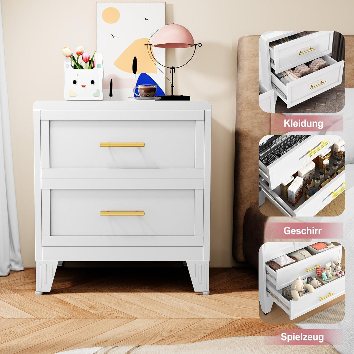 Weiße Metallkommode mit 2 Schubladen – Schrank für Schlafzimmer & Flur