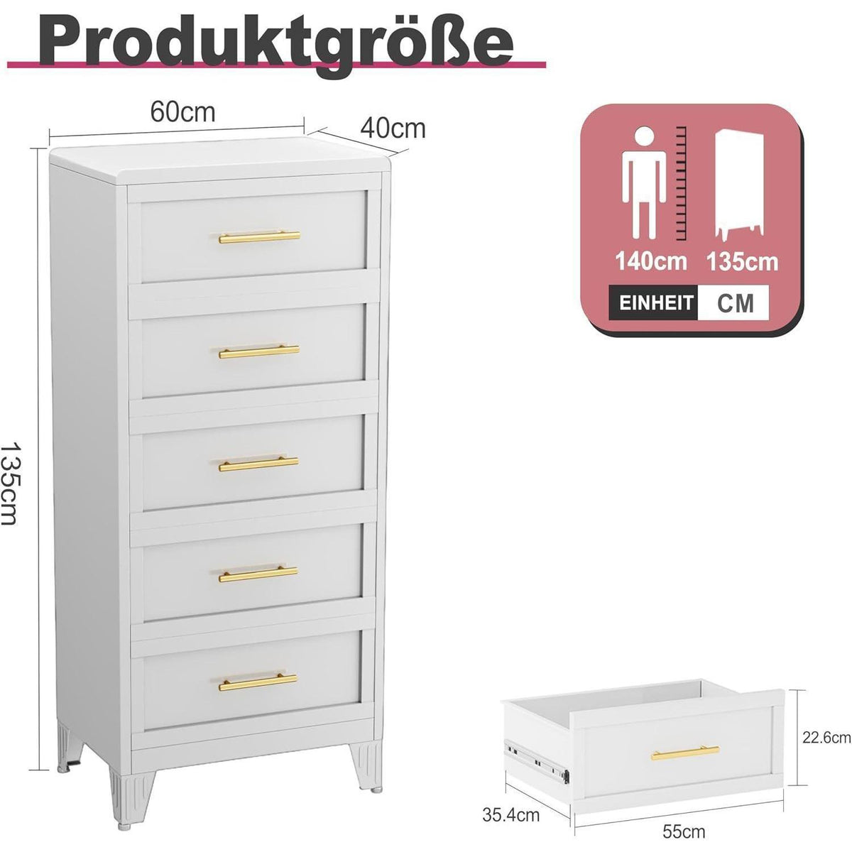 Hoche Kommode 135cm | 5 Schubladen, Weiß | Schlafzimmer & Büro