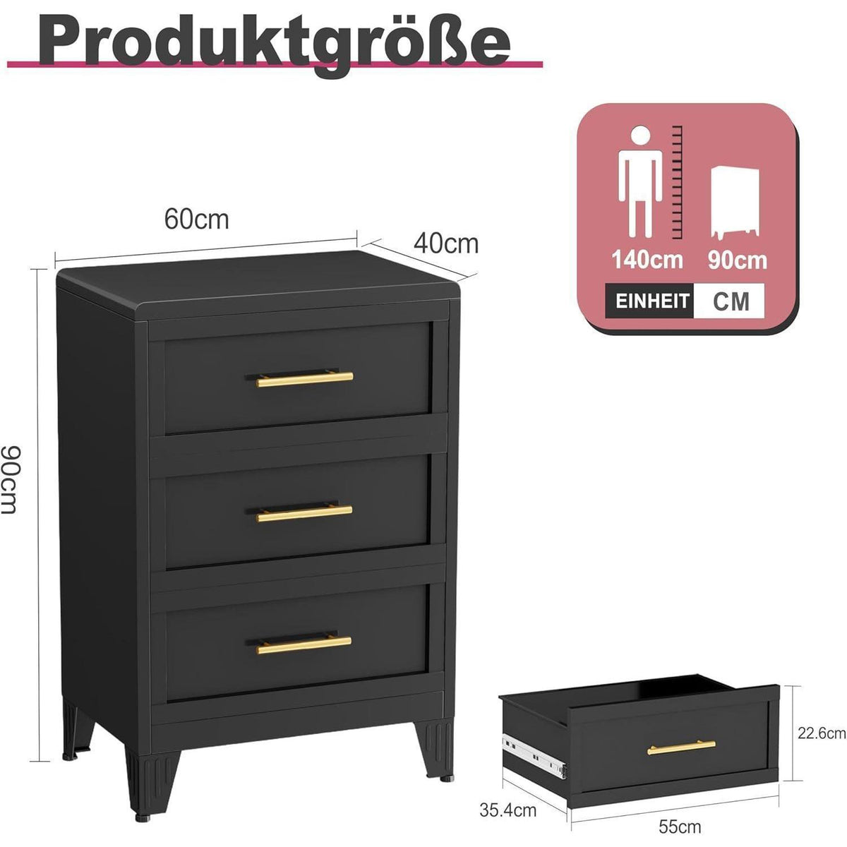 Metall Kommode mit 3 Schubladen – 90cm Schwarz
