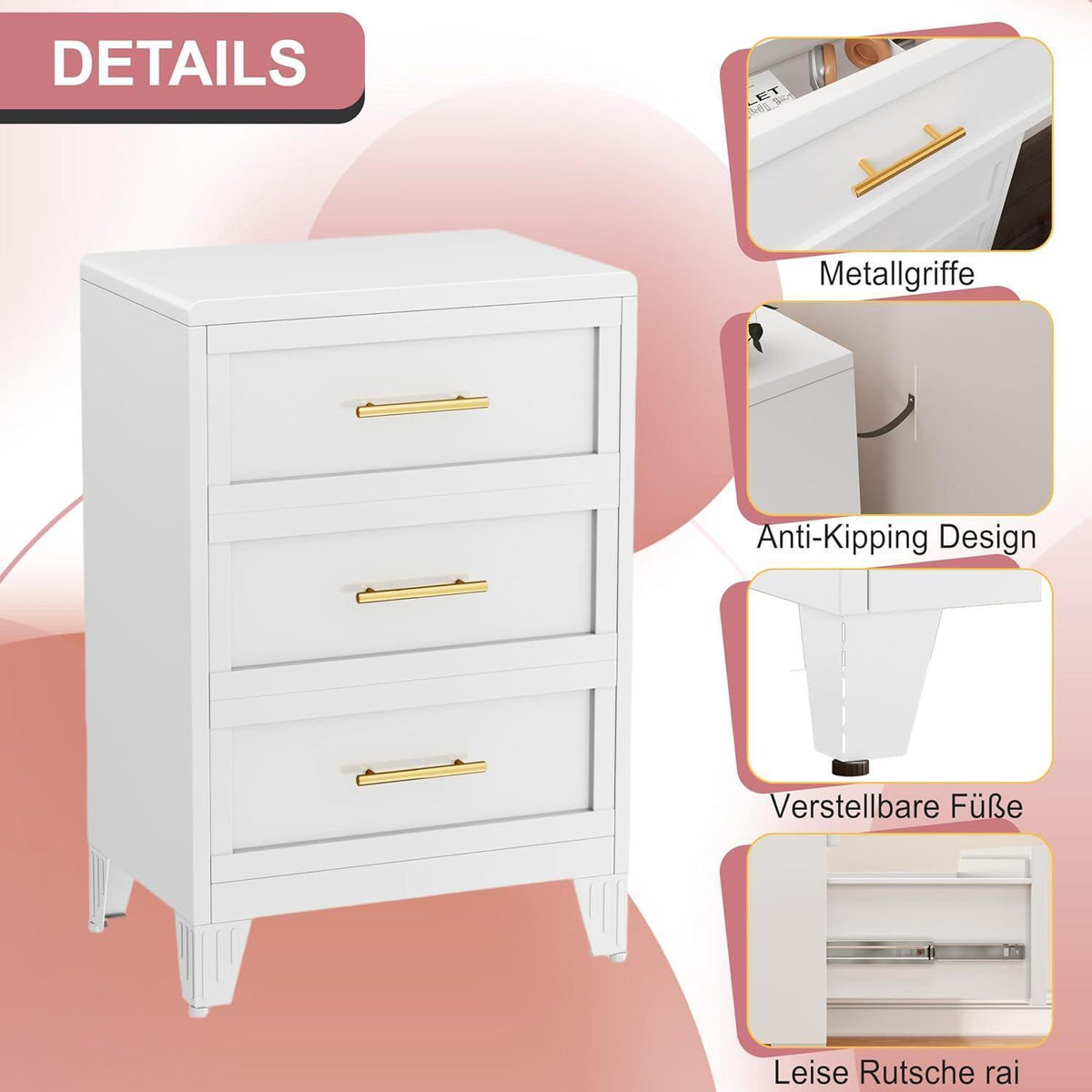 90cm Hoche Kommode Weiß – 3 Schubladen, Metall, Schlafzimmer & Büro