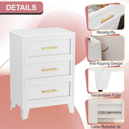 90cm Hoche Kommode Weiß – 3 Schubladen, Metall, Schlafzimmer & Büro