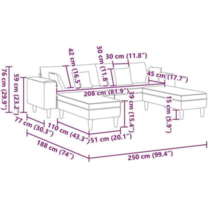 Polstersofa Samt Grau 208cm mit Ottomane & Kissen
