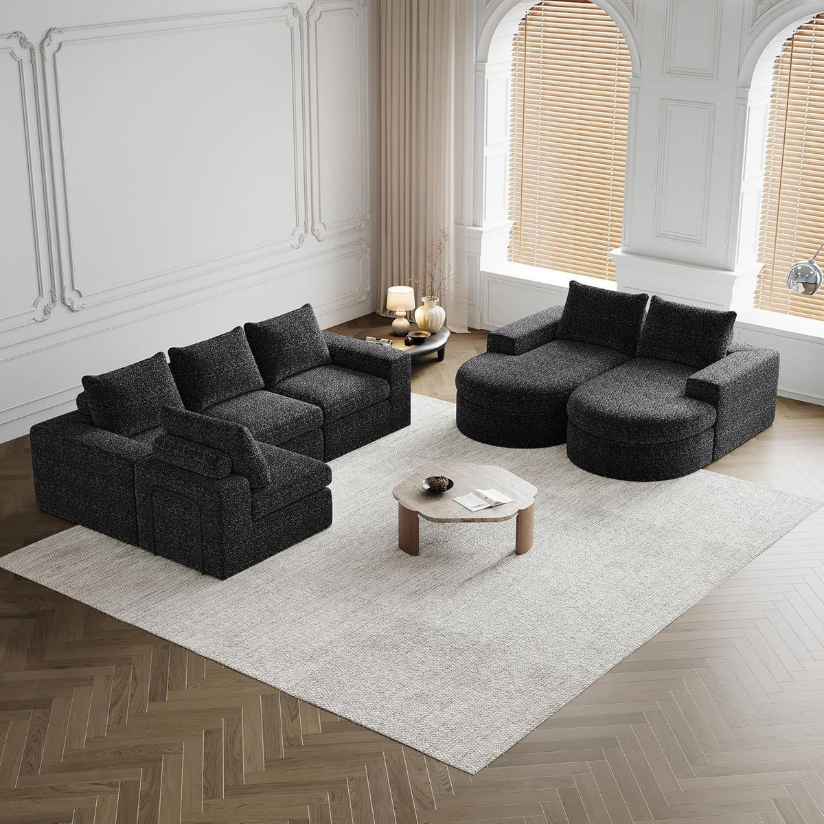 Modulares Ecksofa mit Chaiselongue & Chenille-Bezügen Schwarz