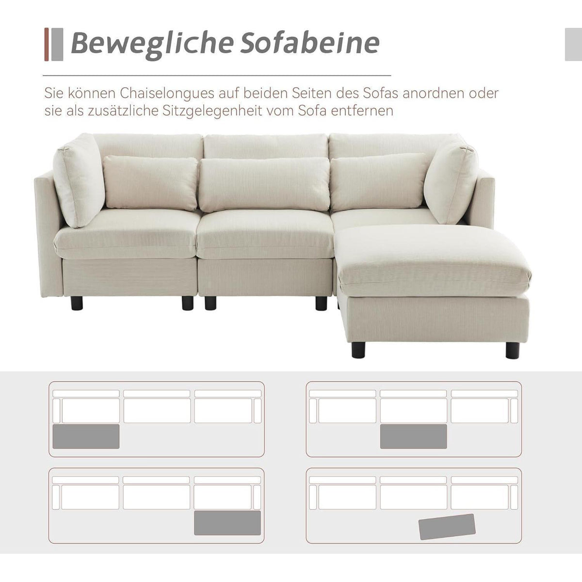 Modernes 3-Sitzer Sofa mit Fußhocker & Schlaffunktion, Beige