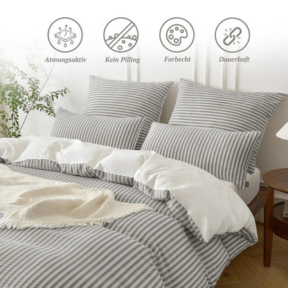 Bettwäsche-Set 135x200 Baumwolle Gestreift Kaffee & Weiß 4tlg.