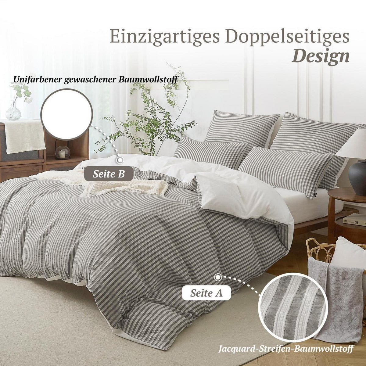 Bettwäsche-Set 135x200 Baumwolle Gestreift Kaffee & Weiß 4tlg.