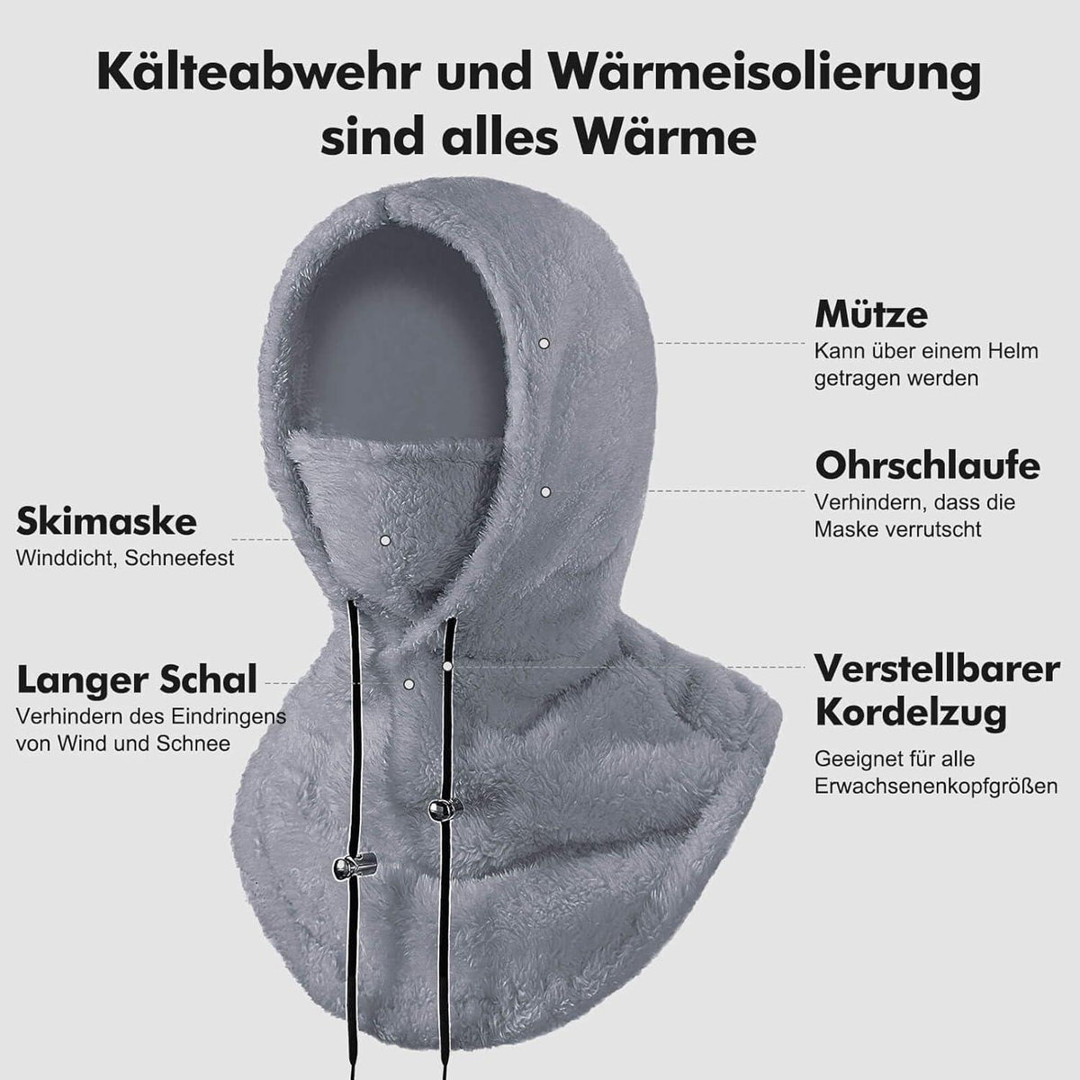 Sturmhaube Winter Damen Herren Fleece Balaclava Grau