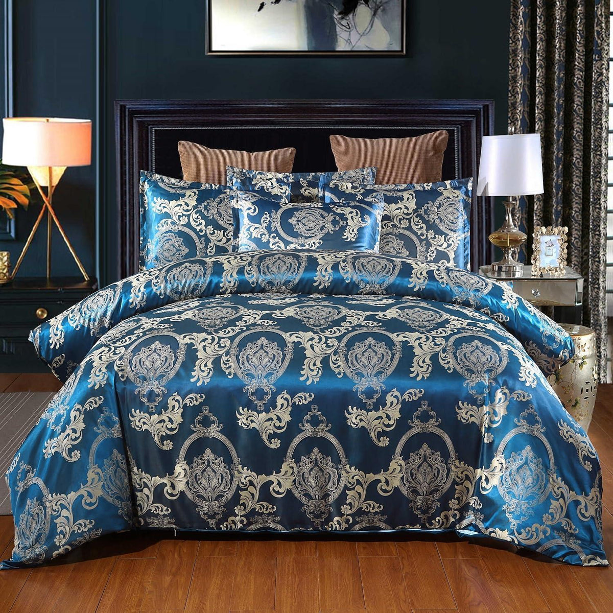 Satin Bettwäsche Set 135x200 Blau 4tlg. Retro Luxus