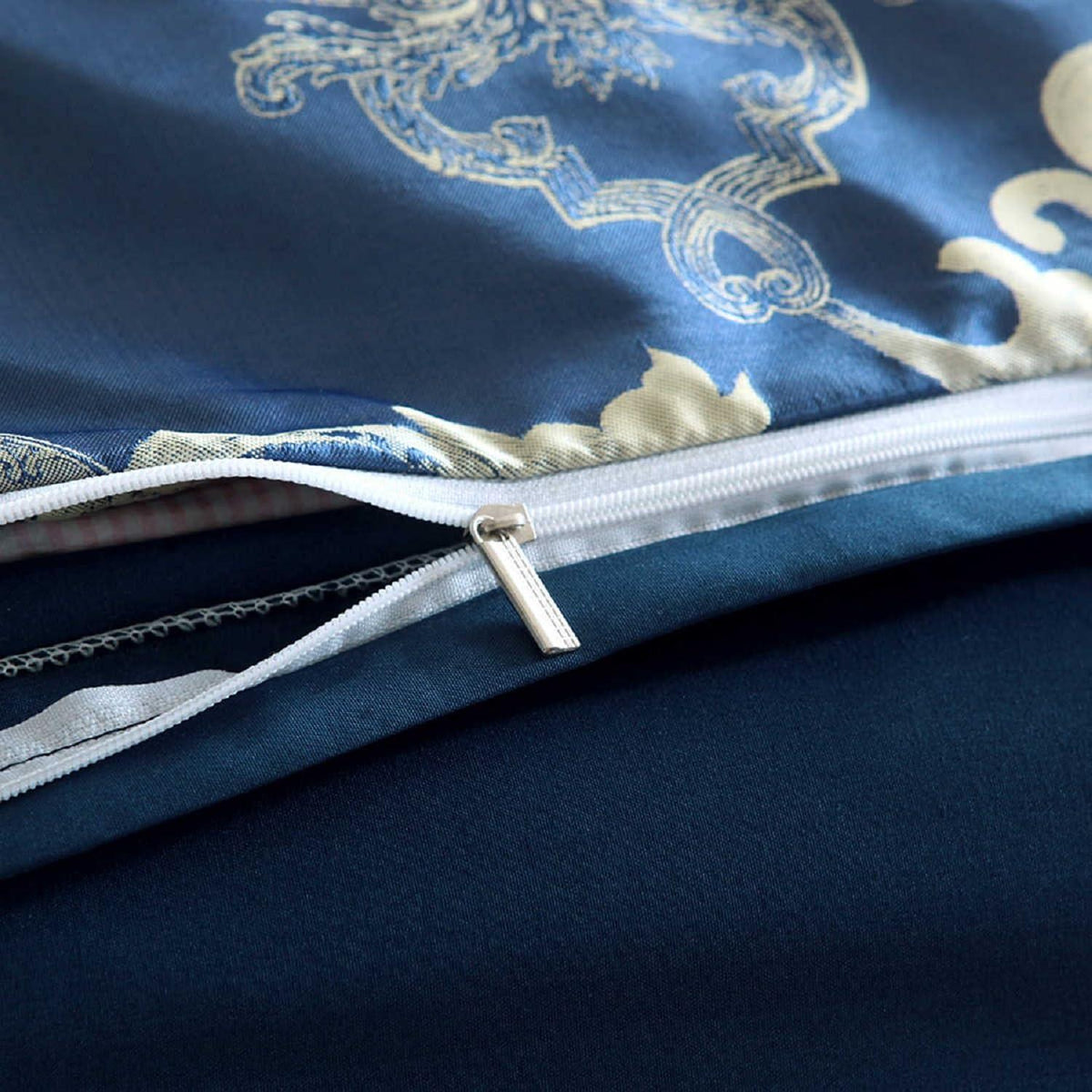 Satin Bettwäsche Set 200x200 Blau – 3tlg. Retro Luxus