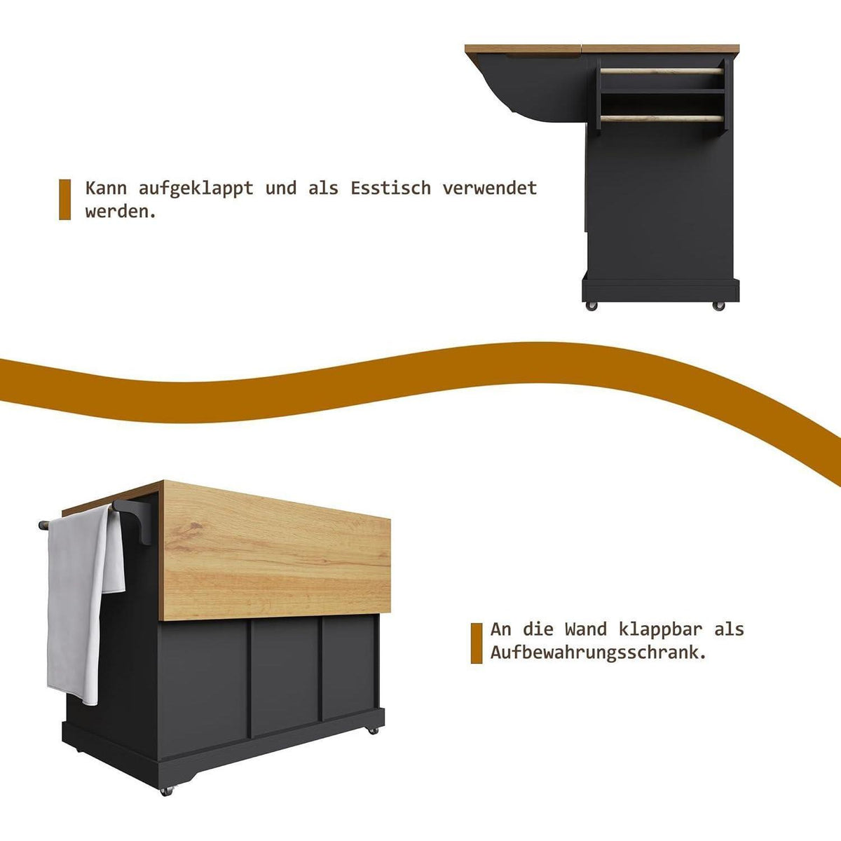 Klappbarer Servierwagen mit Stauraum & Holzoptik – Schwarz