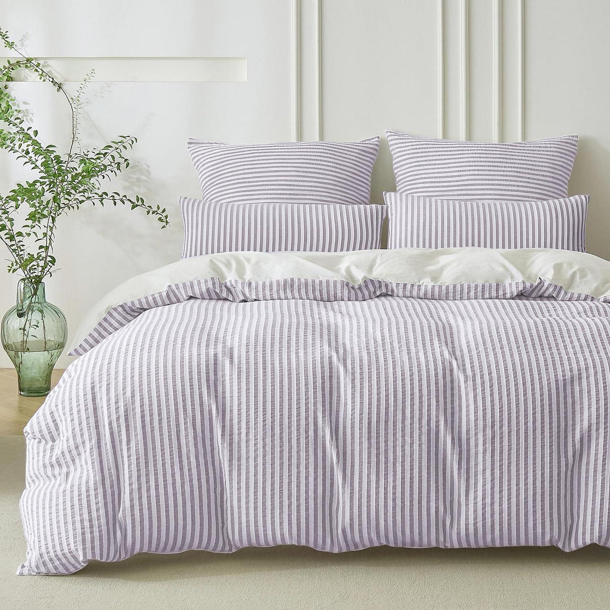 Bettwäsche-Set 135x200 Baumwolle Gestreift Violett & Weiß 4tlg.