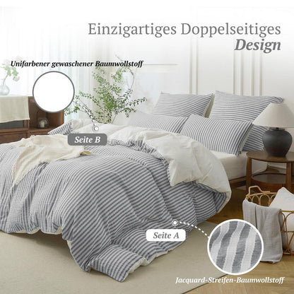 Bettwäsche-Set 135x200 Baumwolle Gestreift Hellgrau & Weiß 4tlg.