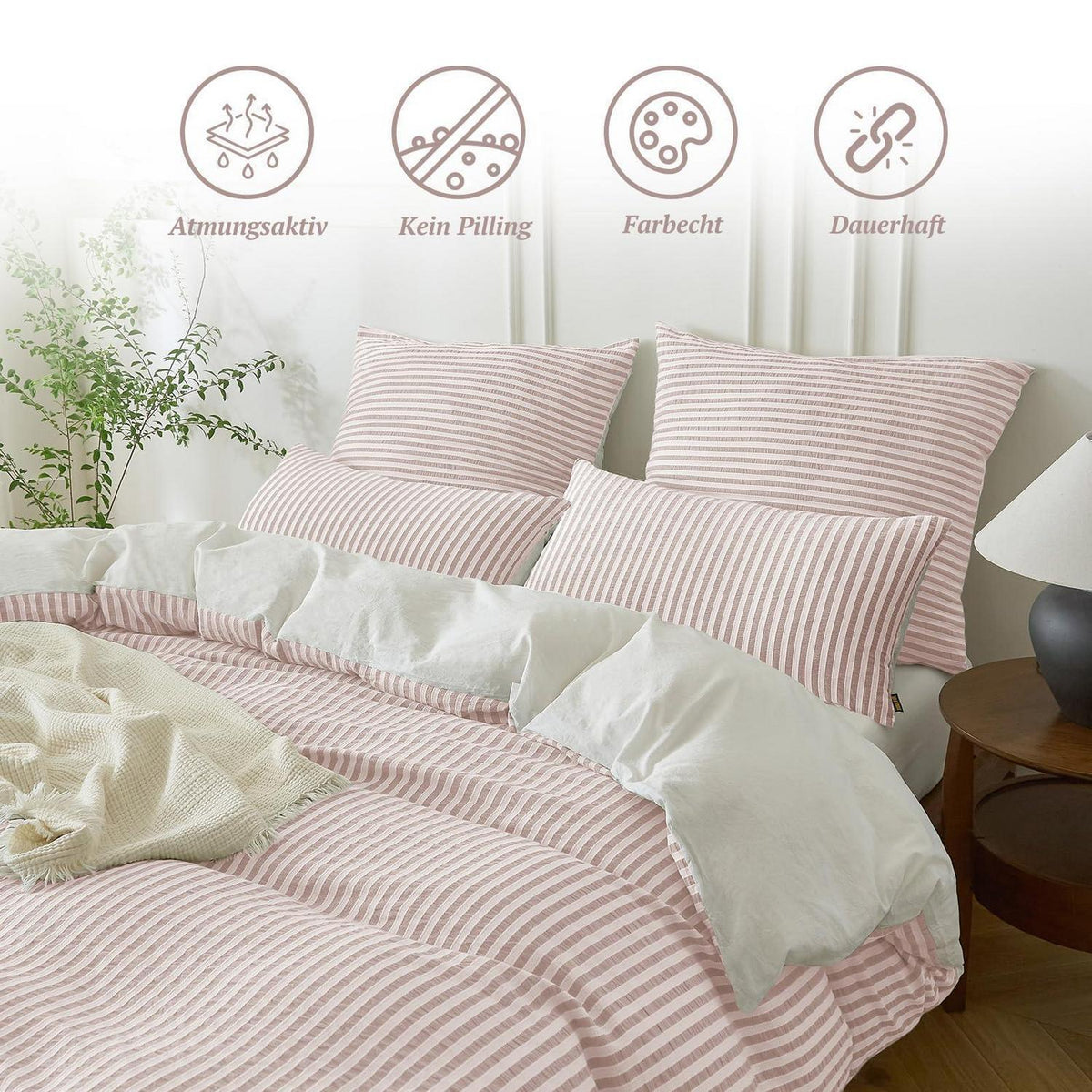 Bettwäsche-Set 135x200 Baumwolle Gestreift Rosa & Weiß 4tlg.