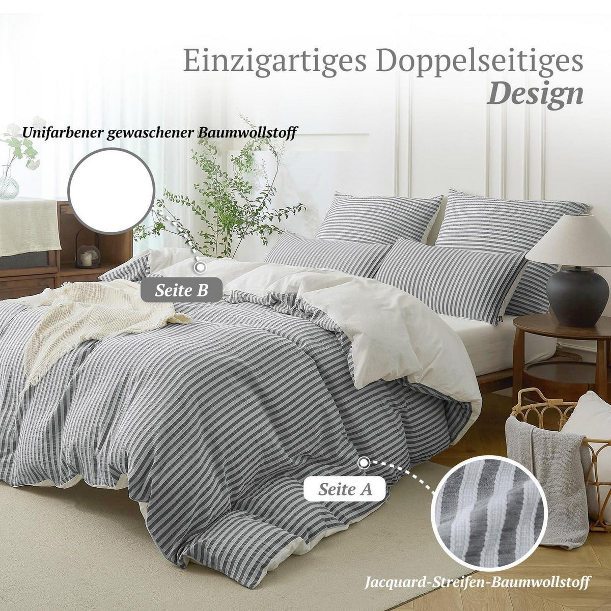 Bettwäsche-Set 135x200 Baumwolle Gestreift Dunkelgrau & Weiß 4tlg.