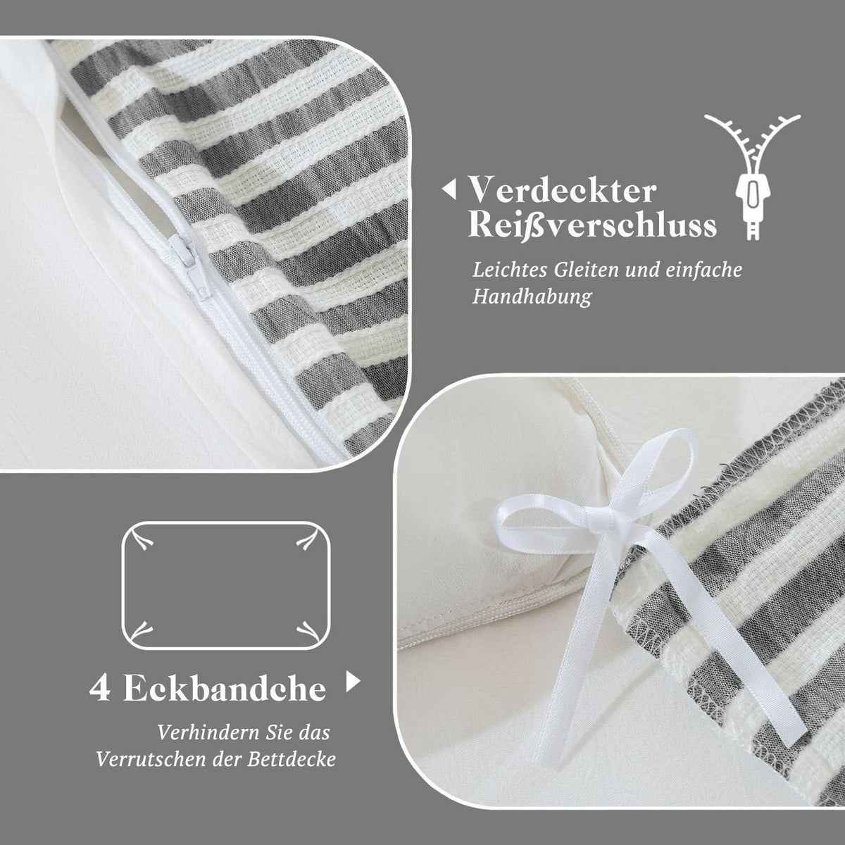 Bettwäsche-Set 135x200 Baumwolle Gestreift Dunkelgrau & Weiß 4tlg.