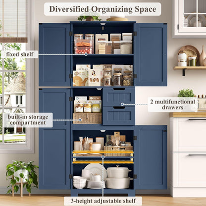 Hochschrank Dunkelblau mit 4 Türen & 2 Schubladen