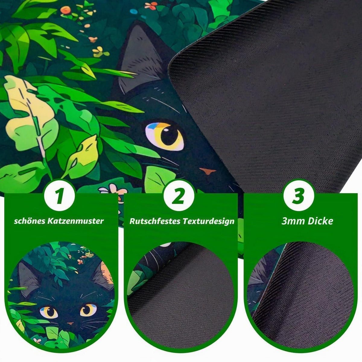 Großes Gaming Mauspad 80x30cm – Niedliche Katze & Grün