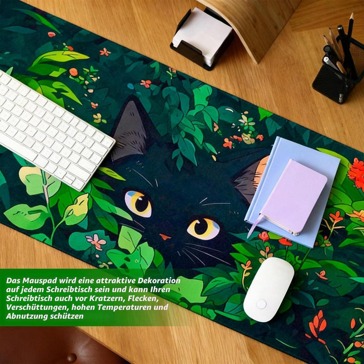 Großes Gaming Mauspad 80x30cm – Niedliche Katze & Grün