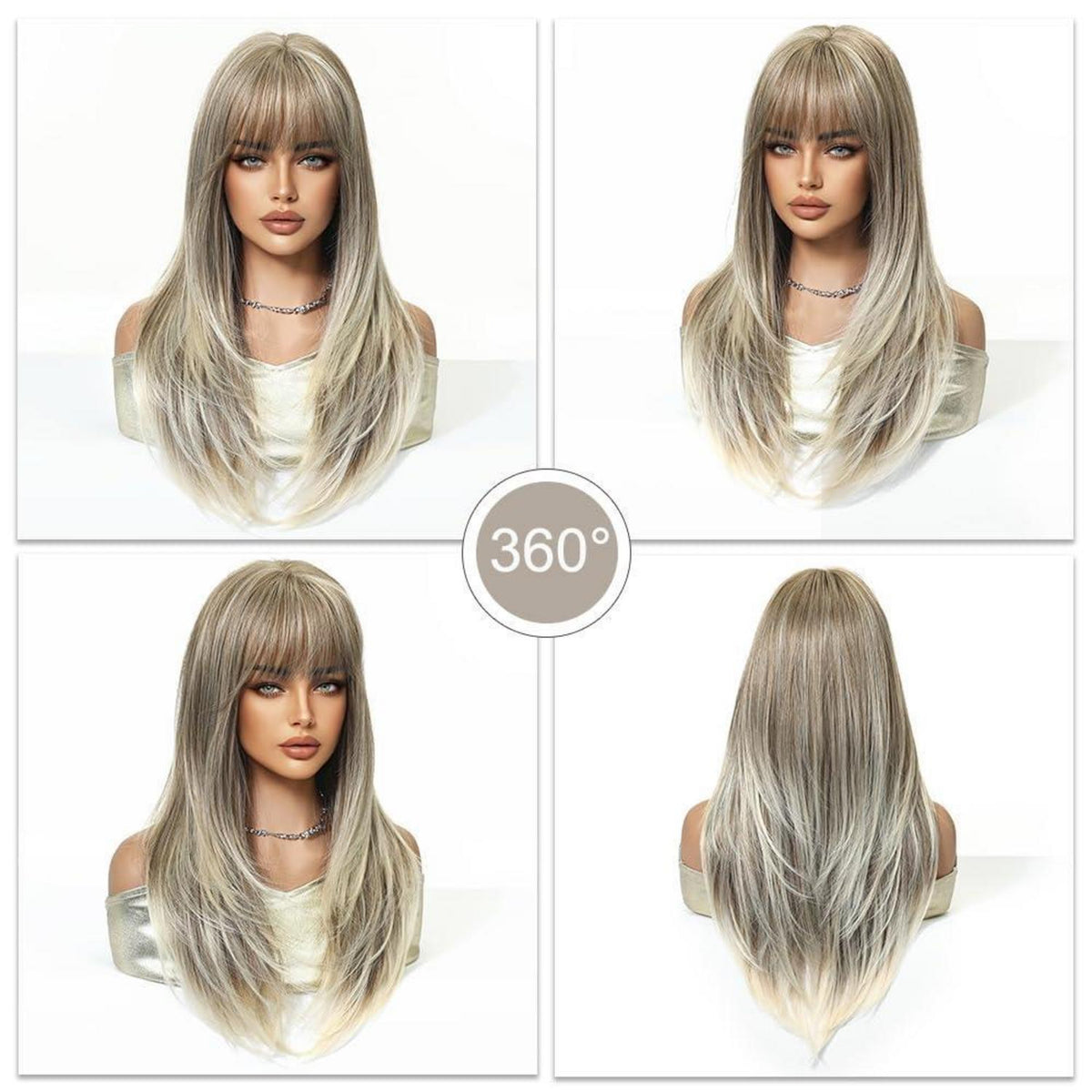 Aschblond Perücke mit Pony – Langes, glattes Synthetikhaar
