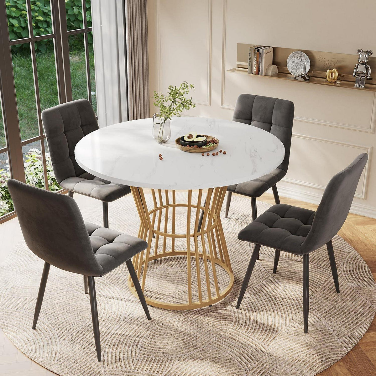 5-teiliges Esstisch Set Grau & Gold – Modernes Esszimmer mit Stühlen