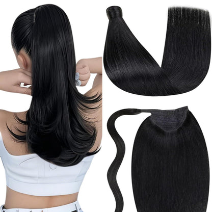 Echthaar Zopf Extension Schwarz 30cm Remy Pferdeschwanz