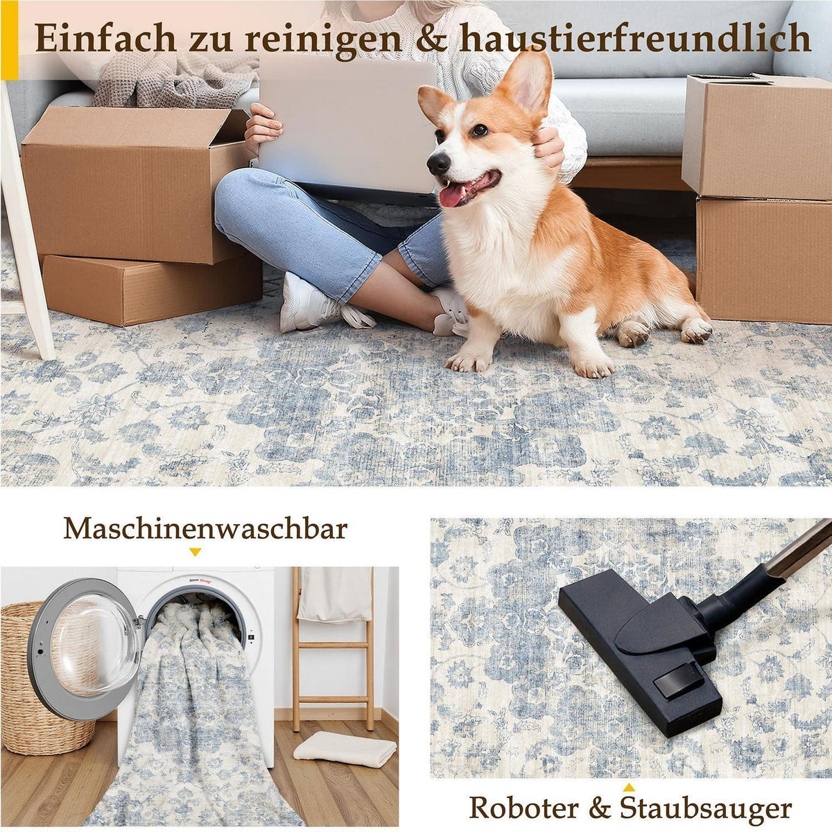 Vintage Teppich Blau 300x400cm - Waschbarer Wohnzimmerteppich