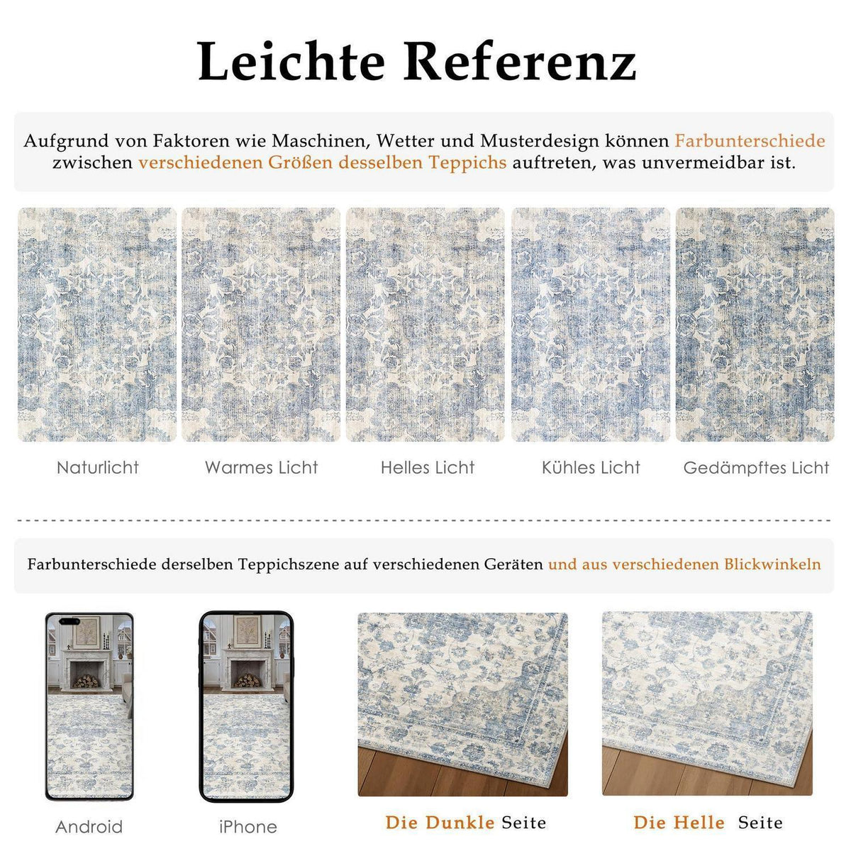Vintage Teppich Blau 200x300cm - Waschbarer Wohnzimmerteppich