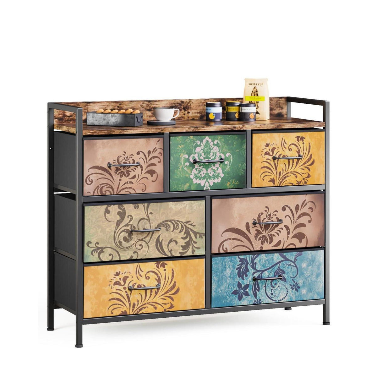 Kommode mit 7 Schubladen, Vintage-Blumenmuster, Rustikales Design
