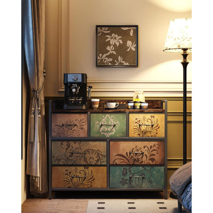 Kommode mit 7 Schubladen, Vintage-Blumenmuster, Rustikales Design