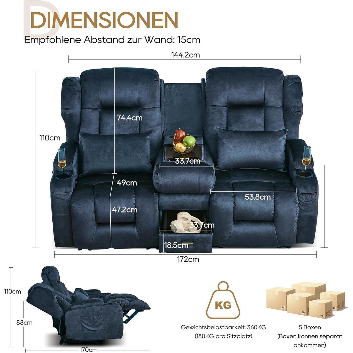 2er Relaxsessel mit Liegefunktion & Konsole – Blau