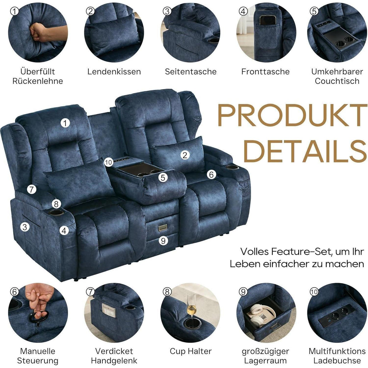 2er Relaxsessel mit Liegefunktion & Konsole – Blau