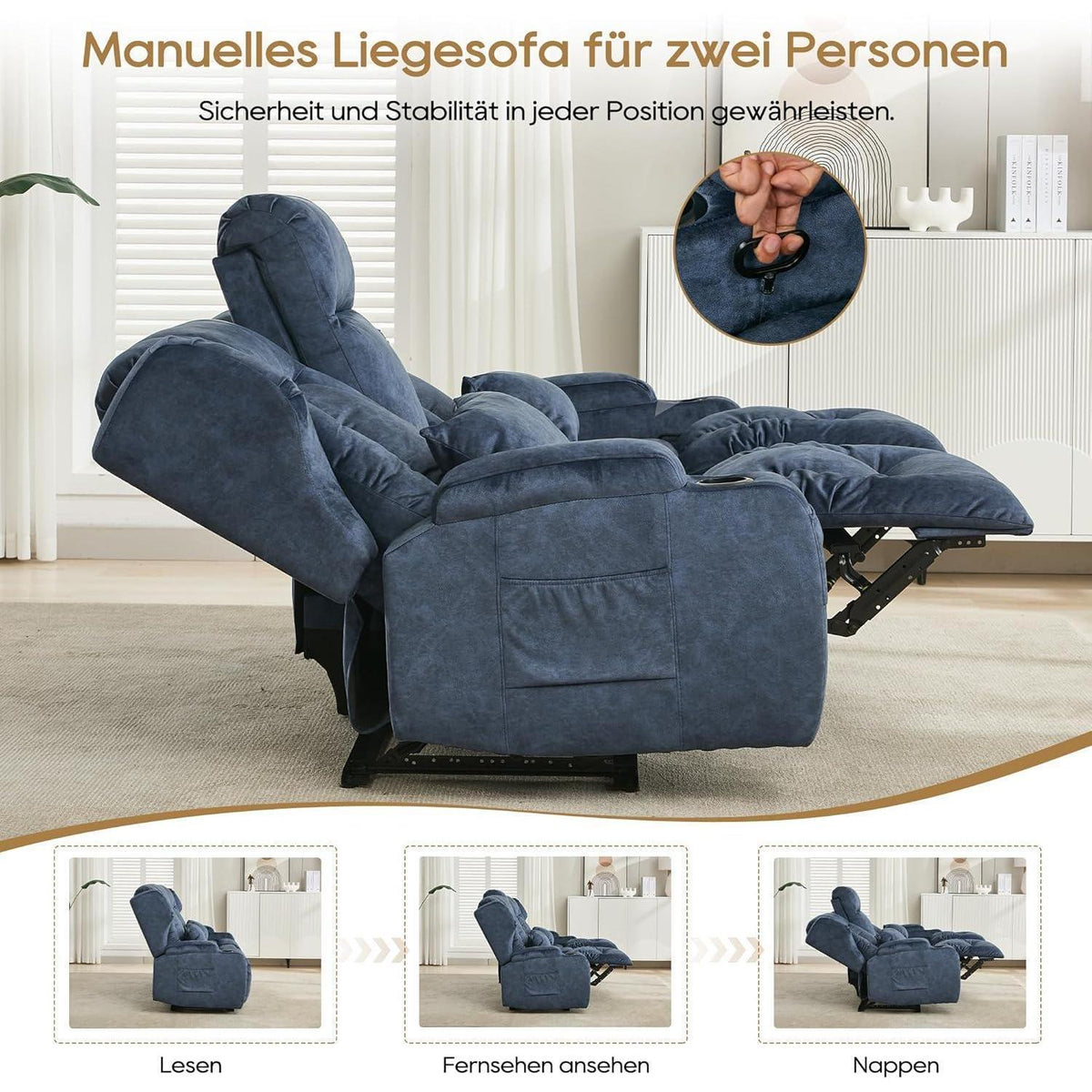 2er Relaxsessel mit Liegefunktion & Konsole – Blau
