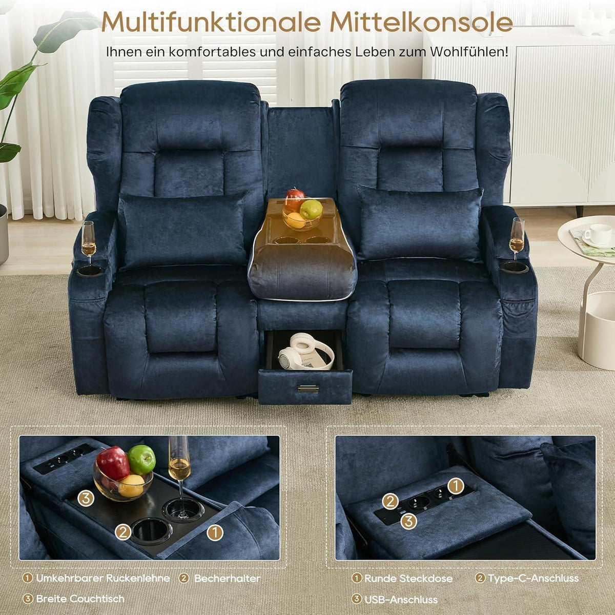 2er Relaxsessel mit Liegefunktion & Konsole – Blau