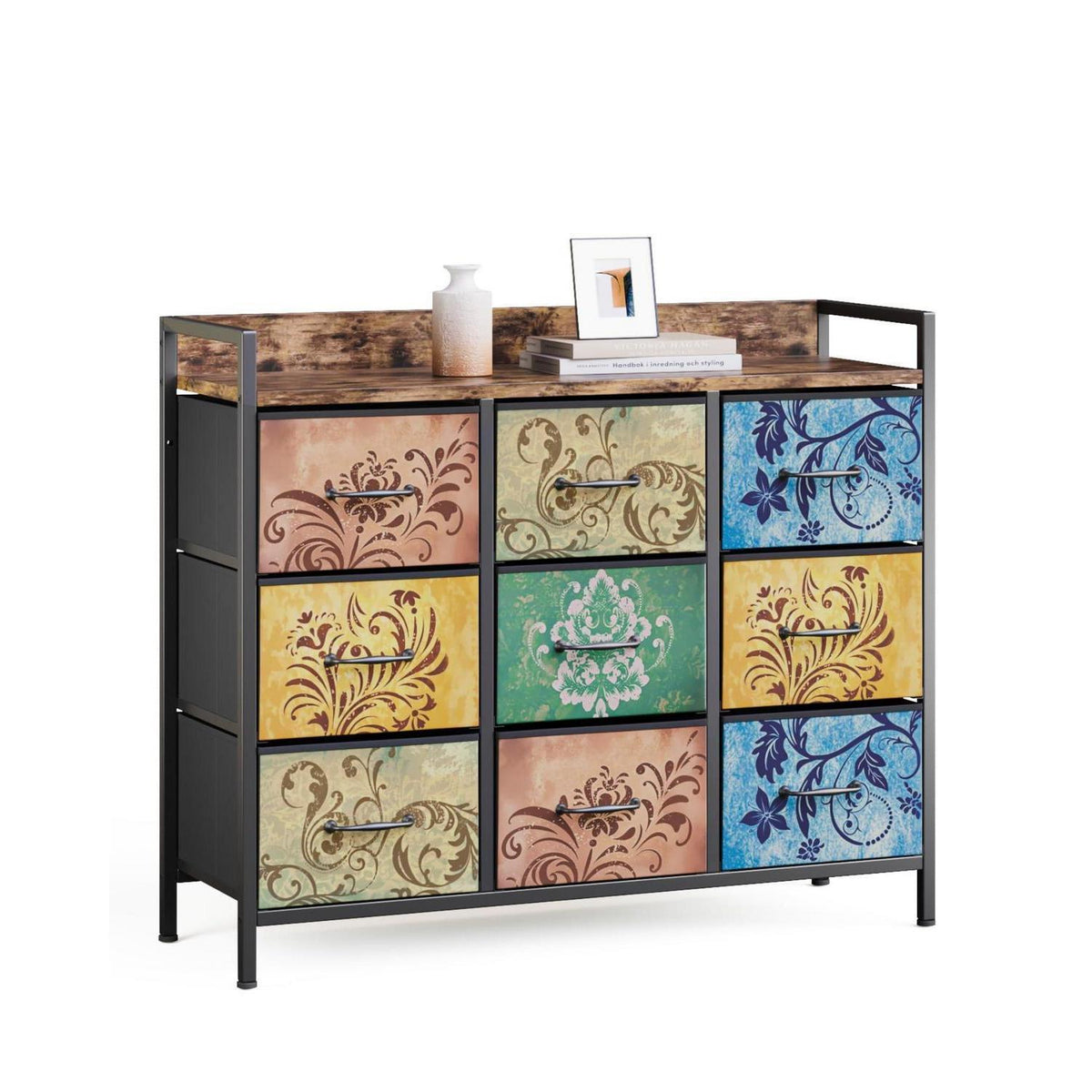 Kommode mit 9 Schubladen, Vintage-Blumenmuster, Rustikales Design