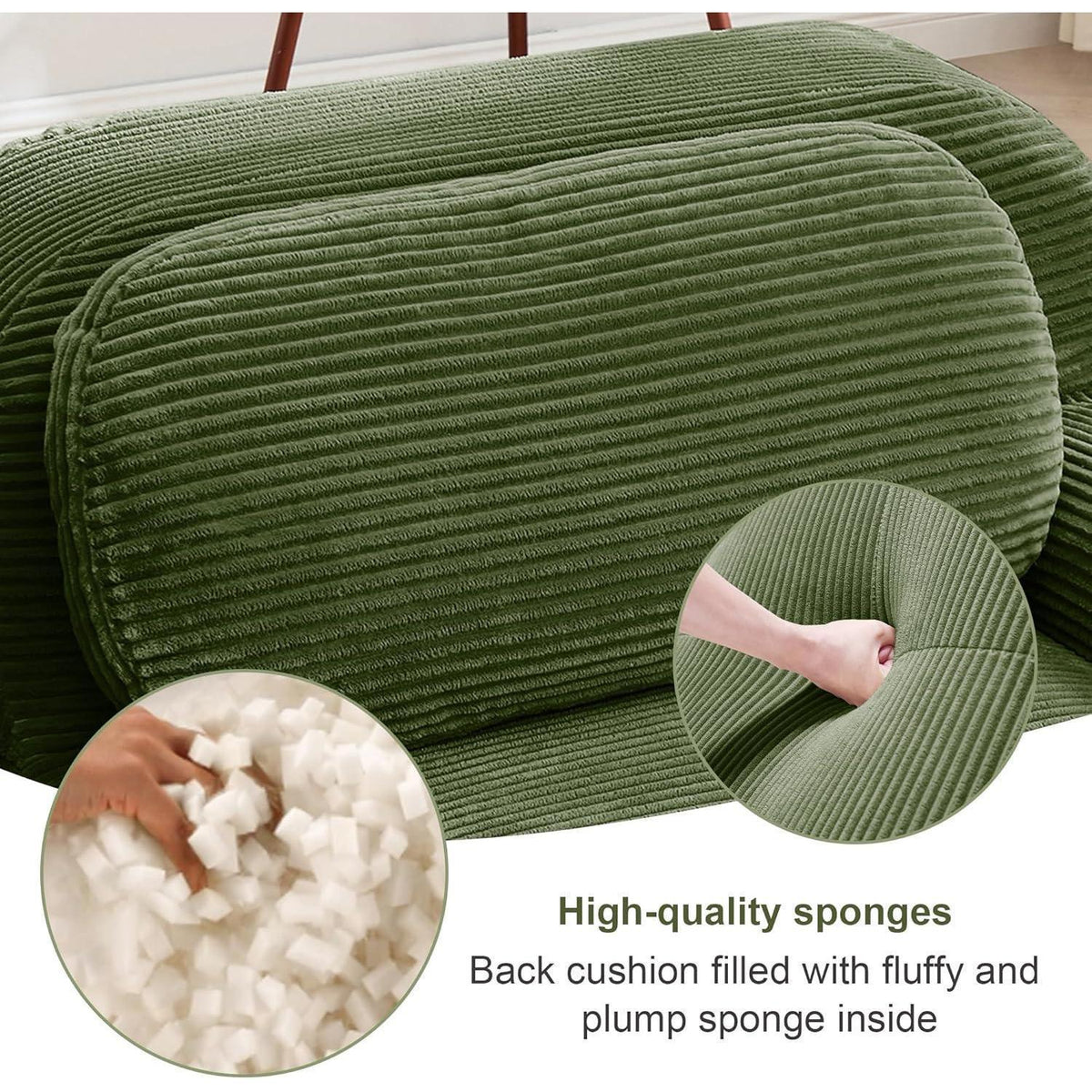 Modulares Cord Sofa 2-Sitzer mit Ottomane – Grün