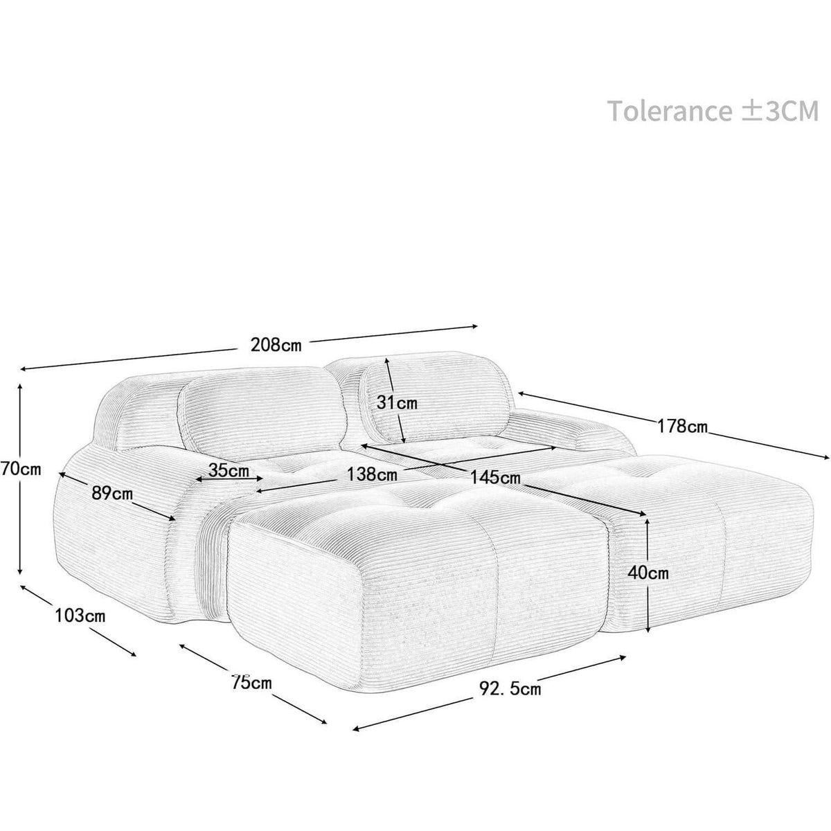 Modulares 2-Sitzer Cord Sofa mit Ottomane – Schwarz